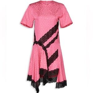 KOCHÉ COLLECTIVE Pink Leopard Print Asymmetric Lace Trim Dress Size 34